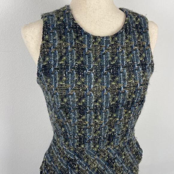 Ann Mashburn Blue Green Tweed Wool Sleeveless Sheath Trumpet Midi Dress Small - Picture 3 of 13